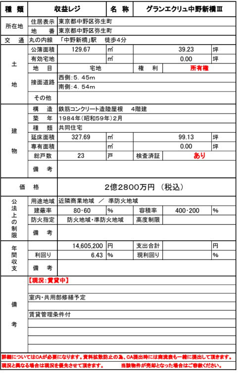 【収益レジ＊利回り6.43%】中野区 丸の内線 「中野新橋」駅 徒歩4分